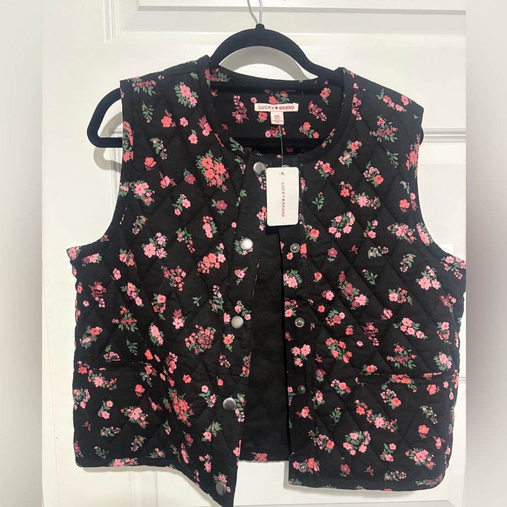 Lucky Brand Black Quilted Vest with Pink Floral Pattern